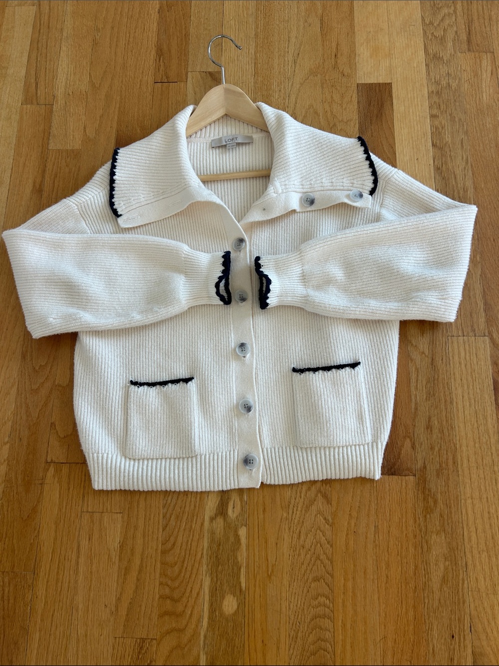 LOFT Ivory Knit Cardigan with Black Trim